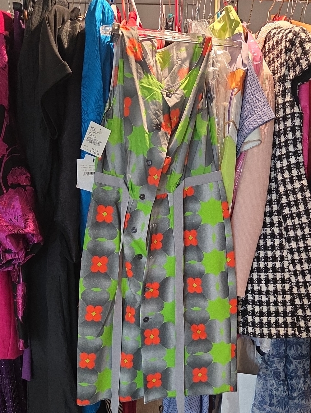 Sleeveless HACHE Dress Size 8 Floral Button-Front Dress in Gray, Lime & Orange